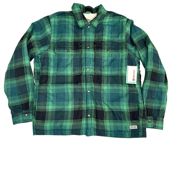 Marmot NWT men's Ridgefield green  plaid sherpa lined shirt jacket size L - Picture 1 of 13